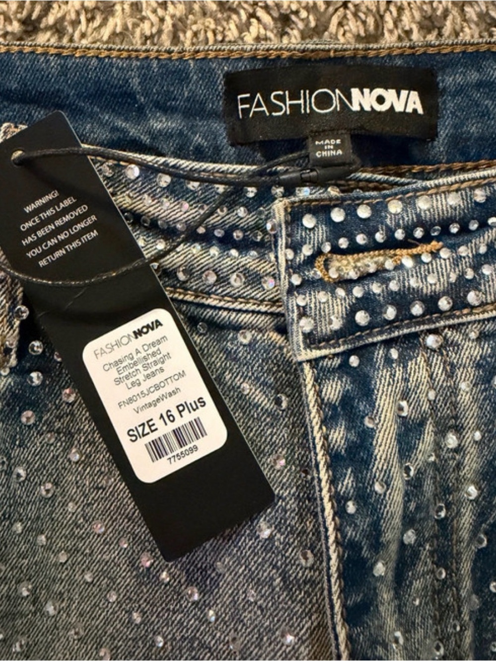 Fashion Nova Blue Rhinestone-Embellished Straight Leg Jeans
